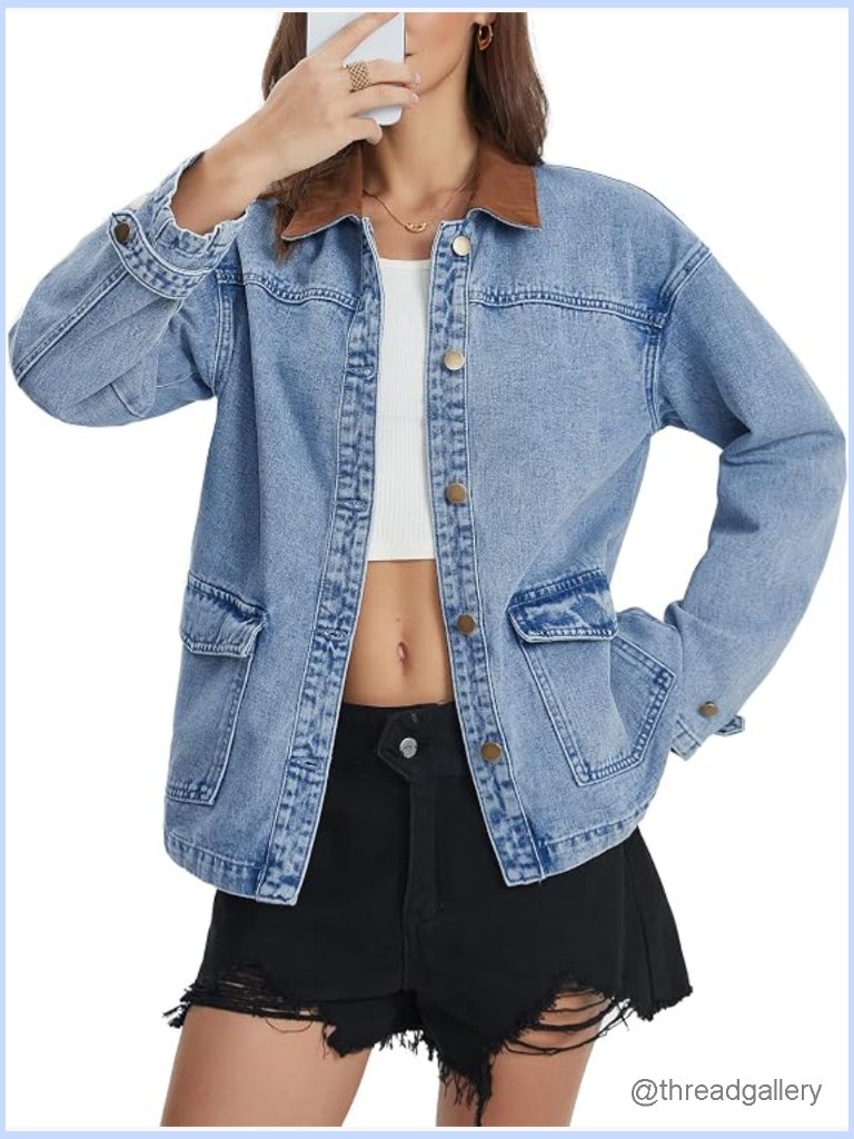 Oversized Contrast Collar Denim Jacket Long Sleeve Button Down Coat